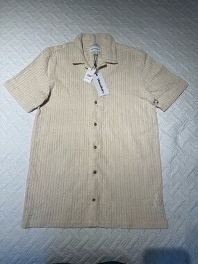 Rivieras Men's Short-Sleeve Knit Button-Down Shirt in Beige